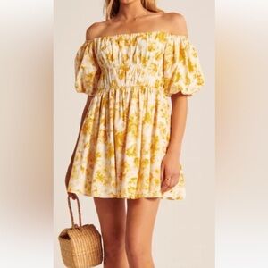 Abercrombie off the shoulder puff sleeve mini dress in yellow and white, size sm
